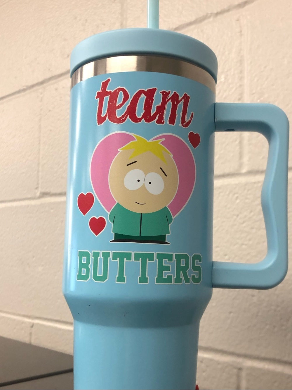 Team Butters Light Blue Travel Tumbler with Handle